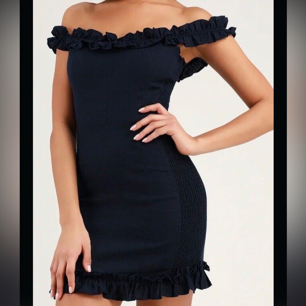 lulus size s Elati Ruffled Off The Shoulder Bodycon Linen Mini Dress Navy Blue